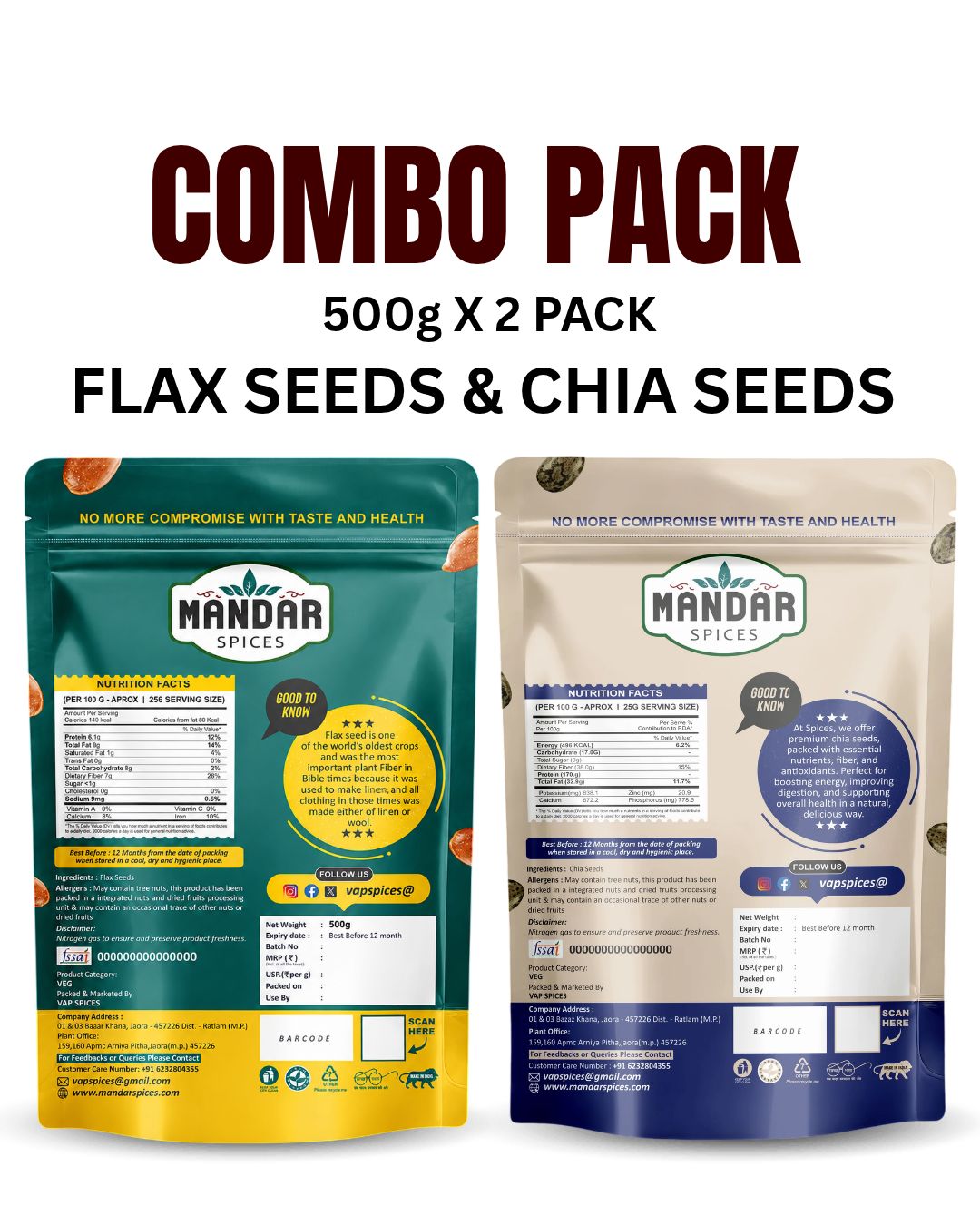 Flax Seeds & Chia Seeds Combo Pack 500 X 2 - 1KG